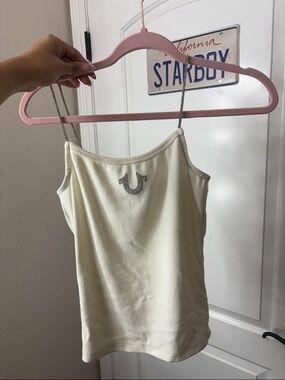 True Religion Ivory Cami with Rhinestone Logo and Metallic Straps